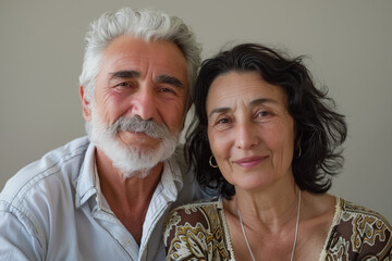Close up portrait of smiling mature Eastern European couple. - obrazy, fototapety, plakaty