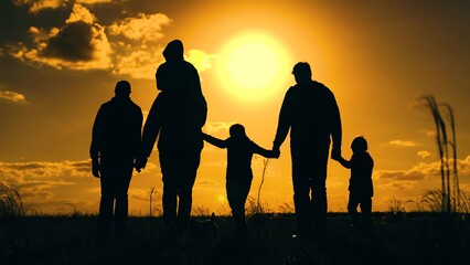 Happy big family with children are walking in park, sun. People travel in nature. Mom dad son are...