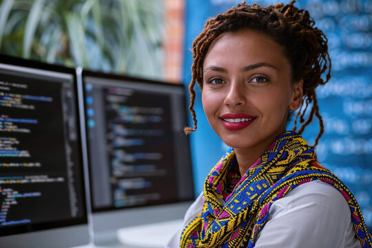 Confident female programmer smiling at the camera. Generative AI image