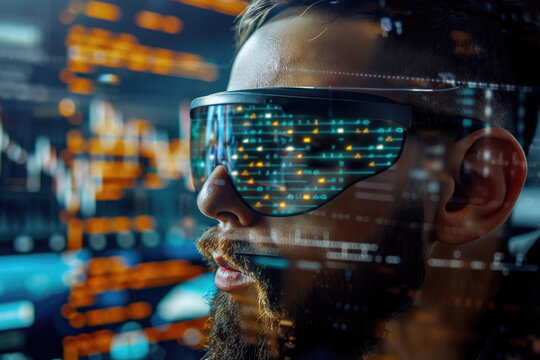 Modern programmer with futuristic augmented reality glasses. Generative AI image