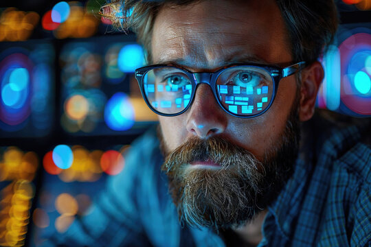 Programmer working late with code reflections in glasses. Generative AI image