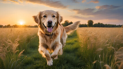 Happy golden retriever dog enjoying outdoors at a large grass field in the beautiful golden light...
