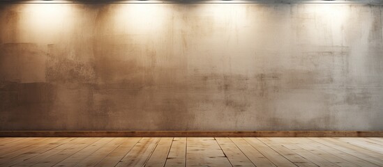 An empty room with a hardwood floor stained in a rich amber shade, contrasting with the smooth concrete wall for a modern and warm atmosphere