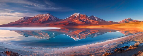 Panorama of the salty lake with dry desert and cracked soil around - obrazy, fototapety, plakaty