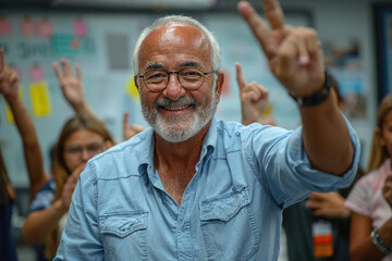 A senior male teacher with a joyful expression, making a peace sign with students raising hands in the background. Generative AI