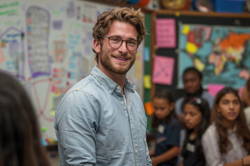 A young male teacher with glasses stands confidently in a vibrant classroom setting, engaging with students. Generative AI