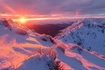 Winter mountains landscape at sunrise
