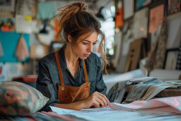 Stylish fashion designer evaluates different fabrics and patterns at her workstation