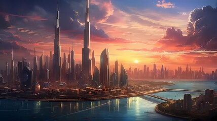 the grandeur of architecture with a panoramic view of a modern city skyline, showcasing the harmonious blend of sleek skyscrapers and historic landmarks under a vibrant sunset sky - obrazy, fototapety, plakaty