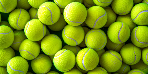 Group of many tennis balls sphere, sport object concept Pile of Tennis Balls from a hopper pattern of new tennis balls for background. Lots of vibrant tennis balls. - obrazy, fototapety, plakaty