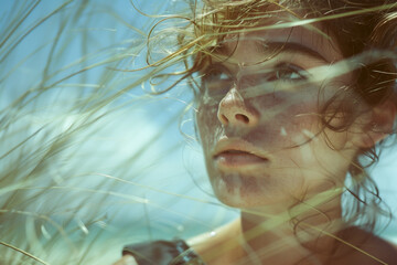 A captivating portrait of a woman with her hair swept by the wind, her gaze piercing through the sunlit strands. Generative AI