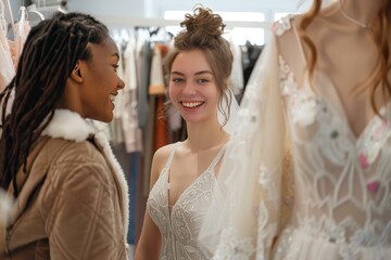 Naklejka premium Bride in an ornate wedding gown smiles at a friend in a cozy bridal shop filled with dresses