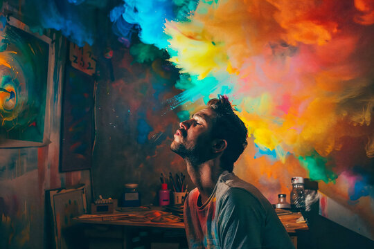 Creative artist surrounded by vibrant colors. Generative AI image