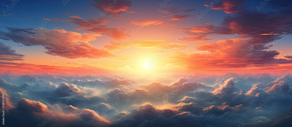 Poster captured from a high vantage point, this image shows a mesmerizing sunset scene from above the fluff