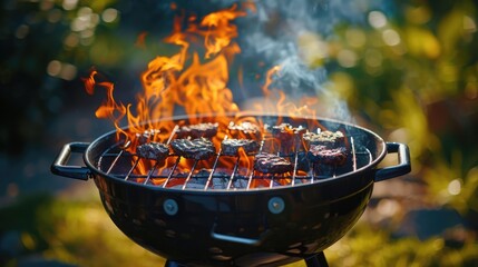 Outdoor Barbecue Grill with Flames in Garden Cooking Area