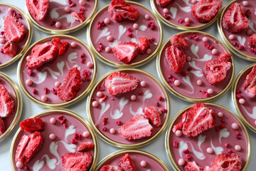 バレンタインのチョコレート、ハート模様とドライイチゴとベリーのピンクのルビーチョコ - obrazy, fototapety, plakaty