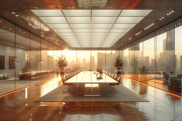 A conference room in a building with hardwood flooring, a long wood table, and plenty of windows offering natural light and views of the facade - obrazy, fototapety, plakaty