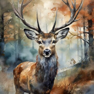 deer in the forest.a stunning piece of wall art featuring a majestic deer set against a backdrop of rustic elegance. Utilize earthy tones and textured brushstrokes to evoke the rugged beauty of nature