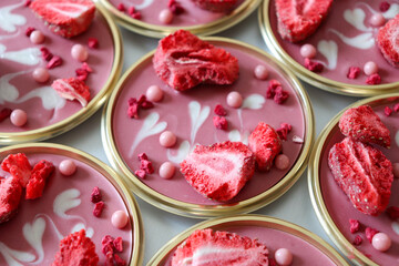 バレンタインのチョコレート、ハート模様とドライイチゴのピンクのルビーチョコ