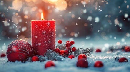 Advent Candle with Christmas Decor on Snow Table and Defocused Landscape Background