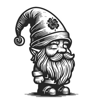 cheerful garden gnome with a tall hat and a long, bushy beard sketch engraving generative ai fictional character vector illustration. Scratch board imitation. Black and white image.