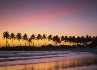 Sunset on the beach with palm trees, tropical