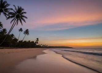Sunset on the beach with palm trees, tropical