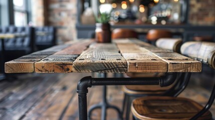 Industrial-chic table top made from repurposed materials like pallet wood and metal pipes, showcasing urban style. - obrazy, fototapety, plakaty
