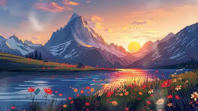Scenic painting capturing serene lake amidst blooming flower. Seamless Looping 4k Video Animation