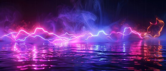 Light neon effect, energy waves on a dark abstract background. Laser colorful neon show. Reflection of light in the water. Smoke, fog. 3d illustration - obrazy, fototapety, plakaty