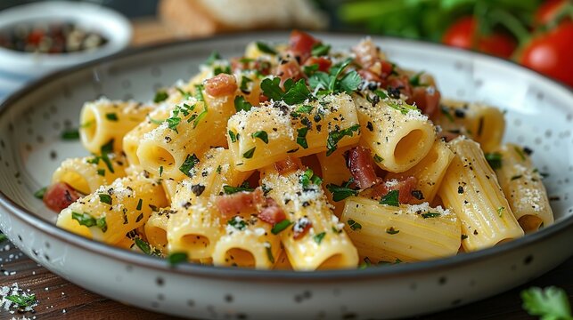 Piatto di deliziosi rigatoni alla carbonara, una ricetta tradizionale di pasta con salsa di uovo, guanciale, pecorino e pepe nero della cucina romana, pasta italiana, cibo europeo