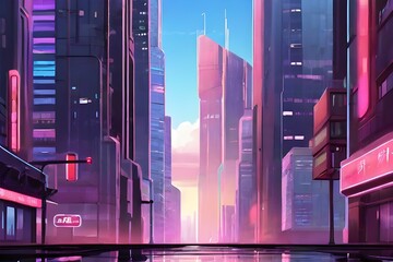 abstract anime skyscraper buildings ny street wallpaper, background illustration lofi vibes,...