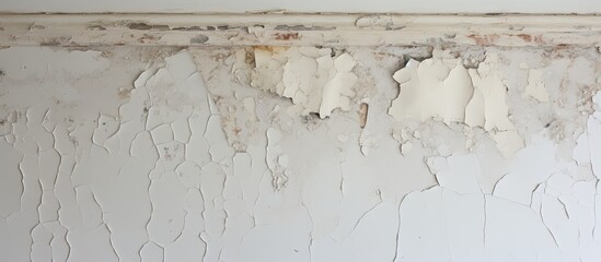Close detailed view of a deteriorating wall with paint peeling off, revealing the bare surface underneath in patches