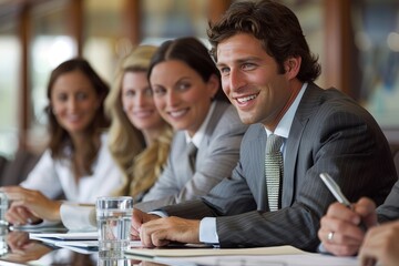 Bosses and managers discuss work plans, strategies, and sales reports at a conference table. Team strategic cooperation