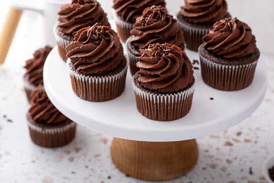 Chocolate cupcakes with chocolate ganache frosting and chocolate sprinkles