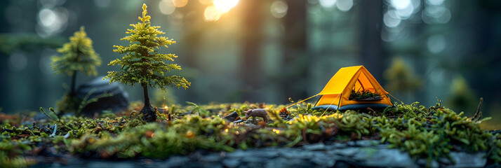 Ultra detailled and realistic photo climbers sleeping in their tent on a cliff,
Miniature tent, tree, and camper on green backdrop
 - obrazy, fototapety, plakaty