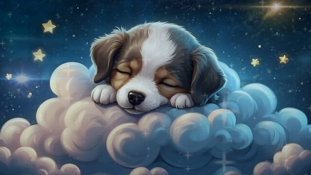 dog sleeping on starry clouds, seamless looping 4k animation video background 