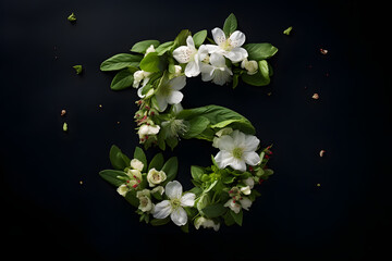 Number five surrounded by different spring flowers on dark background. Happy Valentine's Day.