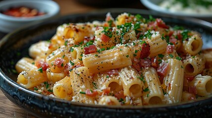 Piatto di deliziosi rigatoni alla carbonara, una ricetta tradizionale di pasta con salsa di uovo, guanciale, pecorino e pepe nero della cucina romana, pasta italiana, cibo europeo