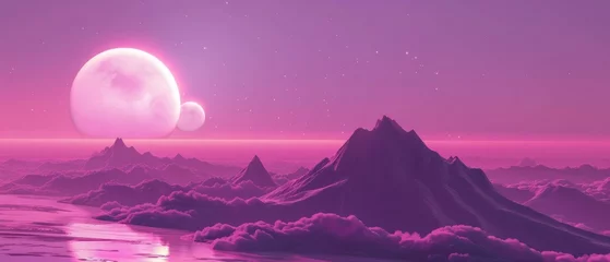 Muurstickers Purple, pink planet synthwave landscape. 3d render, 4k wallpaper. Retro futuristic vaportwave galaxy. © Azadar
