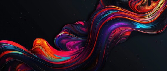 Spilled oil paint shimmers on a black background. Abstract geometric illustration of doodle waves with a felt-tip pen with a gradient on a dark background. Creative cover, wallpaper, flyer design.