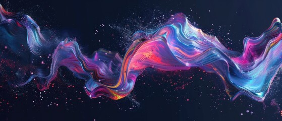 Spilled oil paint shimmers on a black background. Abstract geometric illustration of doodle waves with a felt-tip pen with a gradient on a dark background. Creative cover, wallpaper, flyer design. - obrazy, fototapety, plakaty