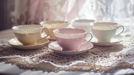 Set of porcelain teacups and saucers arranged neatly on a lace doily, perfect for a cozy afternoon tea. - obrazy, fototapety, plakaty
