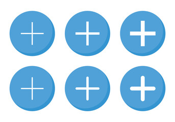 Add button icon vector in flat style. Plus symbol on blue circle