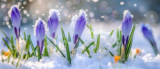 tender buds of beautiful crocuses are covered with snow - obrazy, fototapety, plakaty