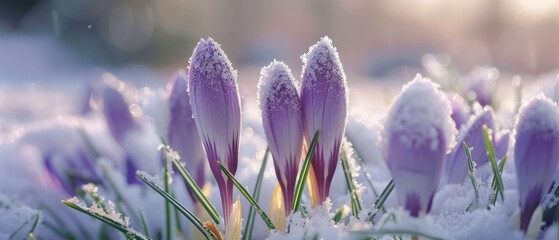 tender buds of beautiful crocuses are covered with snow - obrazy, fototapety, plakaty