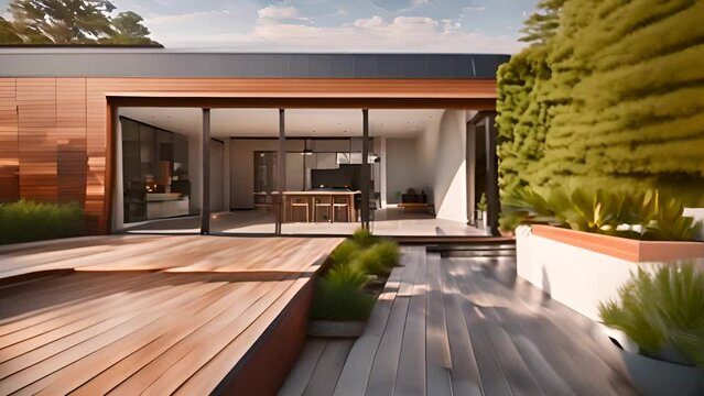 Wooden Deck With Table and Chairs Next to House Generative AI