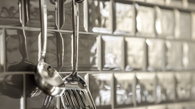 Shiny silver ladle and spatula hanging on hooks against a tiled kitchen backsplash, adding a touch of culinary charm.