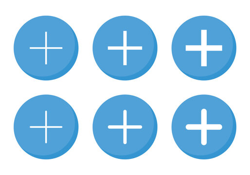 Add button icon vector in flat style. Plus symbol on blue circle