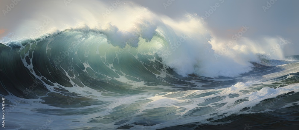 Poster a massive wind wave is crashing in the cloudy ocean, creating a stunning display of liquid power aga